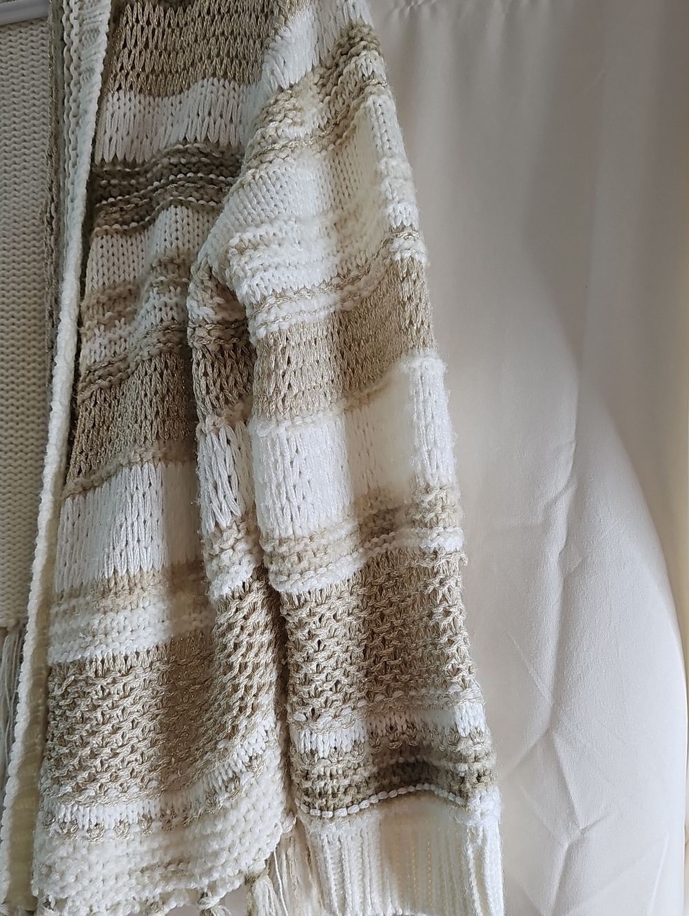 Ruby Rd. Cream and Tan Striped Open-Front Fringe Cardigan - Picture 4 of 6